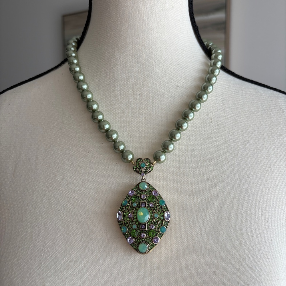 Heidi Daus Green and Lavender Beaded locket Pendant Necklace